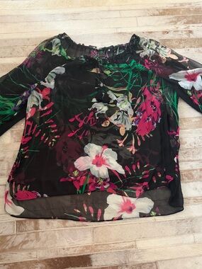 Elie Tahari Black Floral Off-Shoulder Sheer Blouse